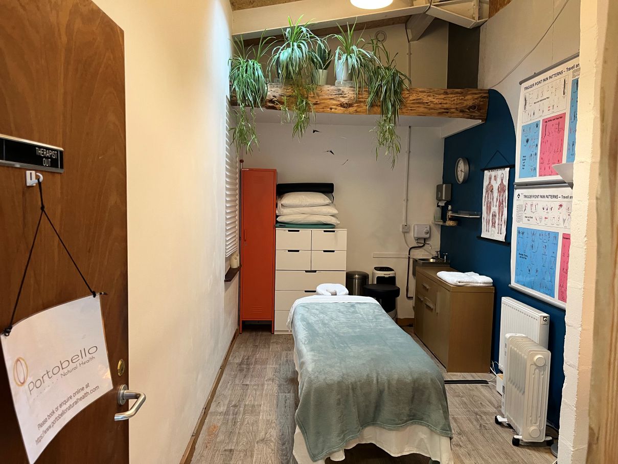 Massage therapy room at Portobello Natural Health showing massage couch